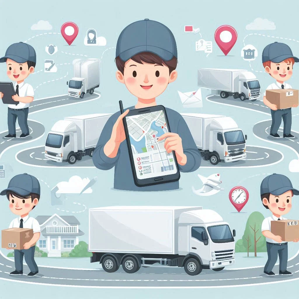 Route Management in logistics with trucks and routes, boys holding phones and boxes